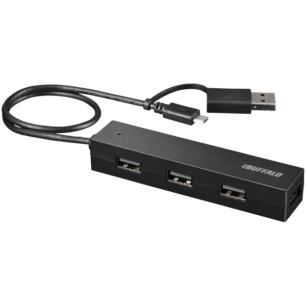 タブレット・スマホ用 USB2.0 4ポートハブ 変換コネクター付き ブラック
