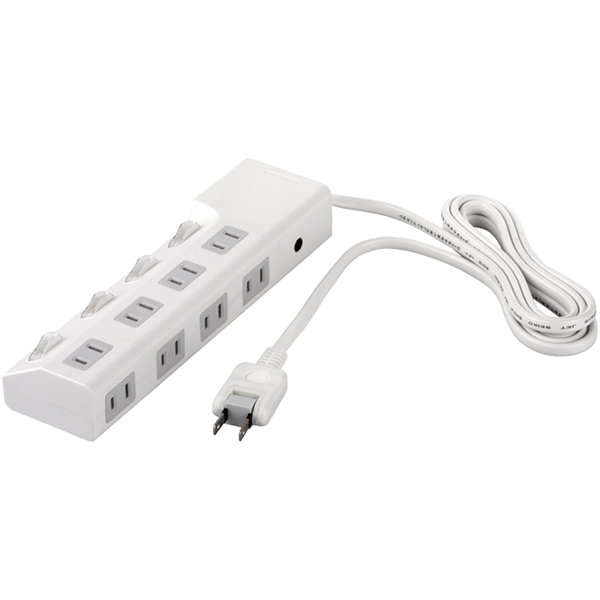 2ピン式電源タップ 8個口タイプ 雷サージ防止/個別スイッチ4個付 1.5m ホワイト