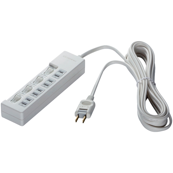 2ピン式電源タップ 4個口タイプ 雷サージ防止/個別スイッチ付 1m ホワイト