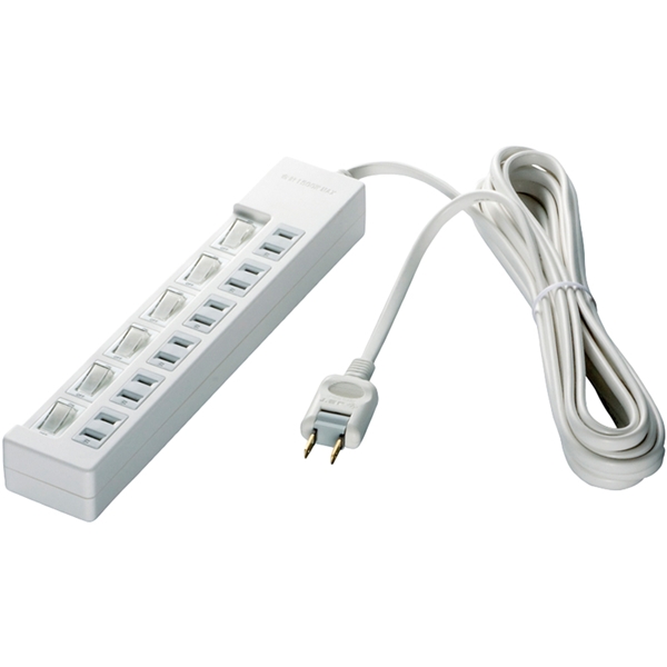 2ピン式電源タップ 6個口タイプ 雷サージ防止/個別スイッチ付 1m ホワイト