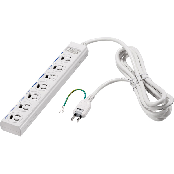 3ピン式電源タップ 7個口 5m ホワイト 常時 通電スイッチ付