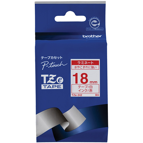 【ブラザー純正】ピータッチ ラミネートテープ TZe-242 幅18mm (赤文字/白)