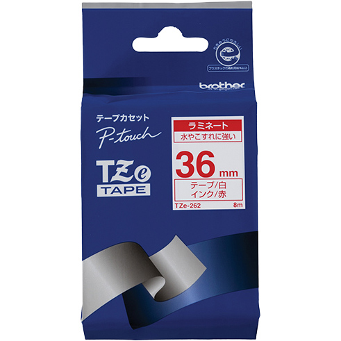 【ブラザー純正】ピータッチ ラミネートテープ TZe-262 幅36mm (赤文字/白)