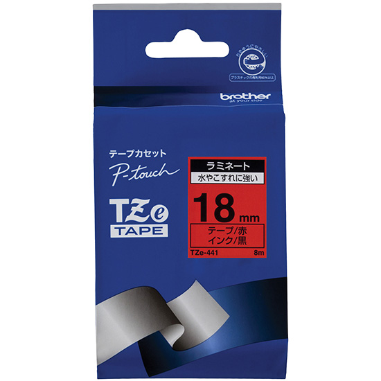 【ブラザー純正】ピータッチ ラミネートテープ TZe-441 幅18mm (黒文字/赤)