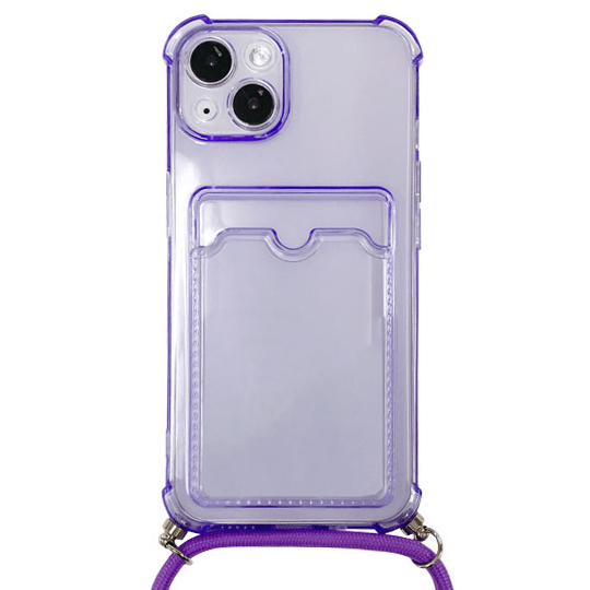 iPhone 13対応 クリア（パープル）ケース/ロングストラップ/カードポケット付