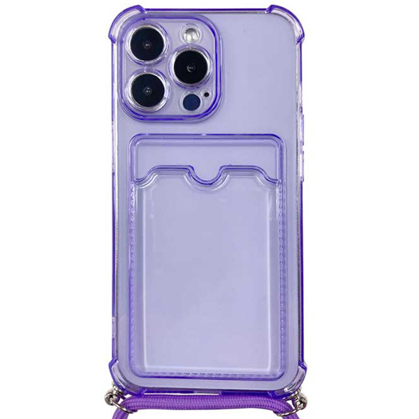 iPhone 13 Pro対応 クリア（パープル）ケース/ロングストラップ/カードポケット付