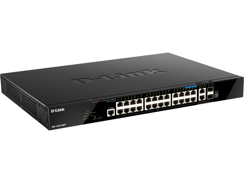 DGS-1520-28MP ギガビットL3スタッカブルスマートProスイッチ、10/100/1000BASE-T(PoE+)×20、100/1000/2.5GB BASE-T(PoE+)×4、1000/10G BASE-T×2、10G SFP+スロット×2