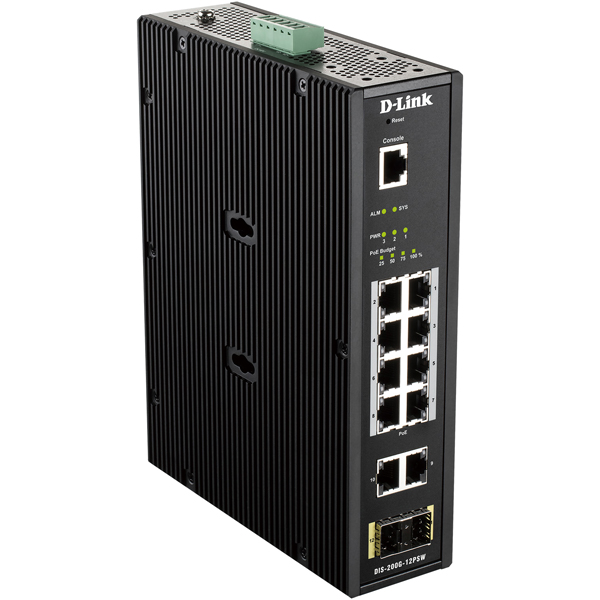 DIS-200G-12PSW 産業用ギガビットL2スマートスイッチ、PoE+対応（最大240W給電）、ギガビット10ポート、SFPスロットx2、DC電源、IP30メタル筐体、-40℃～75℃対応、5年保証