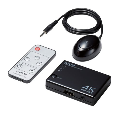 HDMI切替器/4K60Hz対応/3ポート/3入力(HDMI)・1出力(HDMI)/分離型リモコン受光部タイプ/専用リモコン付/専用ACアダプター付き/ブラック