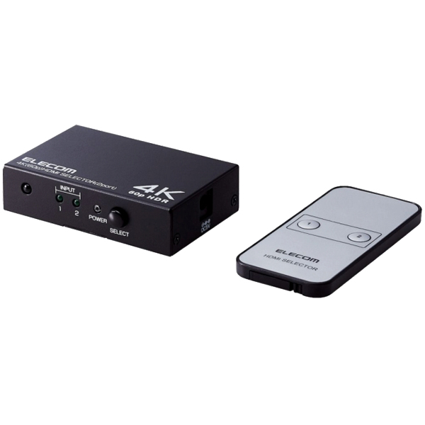 HDMI切替器/4K60P対応/2ポート/2入力1出力/専用リモコン付/ブラック