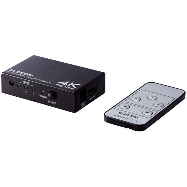 HDMI切替器/4K60P対応/3ポート/3入力1出力/専用リモコン付/ブラック