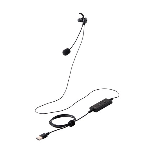 有線イヤホンヘッドセット/デュアルマイクノイズリダクション/ミュート・ボリューム手元スイッチ/USB-A/片耳/ブラック
