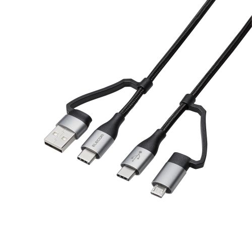 4in1 USBケーブル/USB-A+USB-C/Micro-B+USB-C/USB Power Delivery対応/1.0m/ブラック