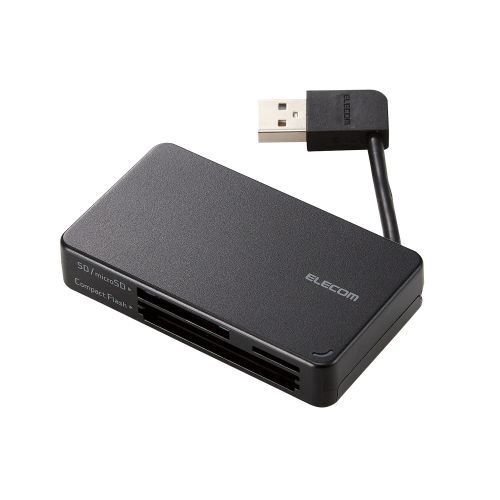 メモリリーダライタ/ケーブル収納タイプ/USB2.0対応/ケーブル6cm/SD+microSD+CF対応/ブラック