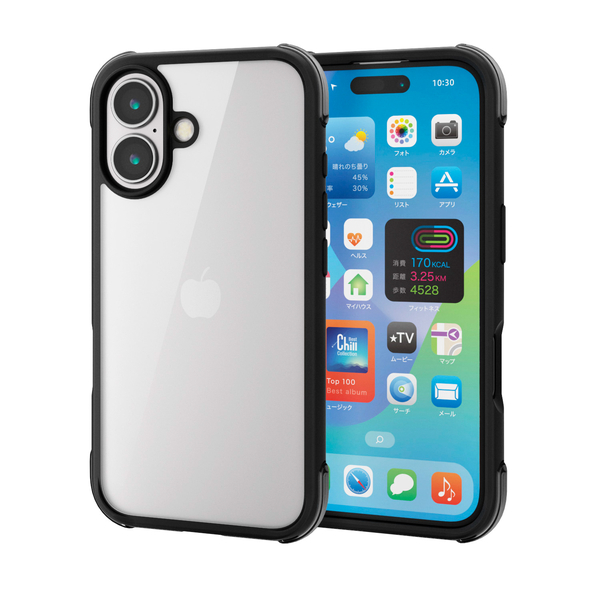 iPhone 16用ハイブリッドケース/エアバッグ/四隅/MUBRAIN/ブラック×クリアブラック