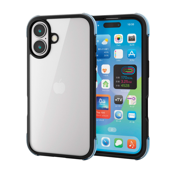 iPhone 16用ハイブリッドケース/エアバッグ/四隅/MUBRAIN/ブラック×クリアグリーン