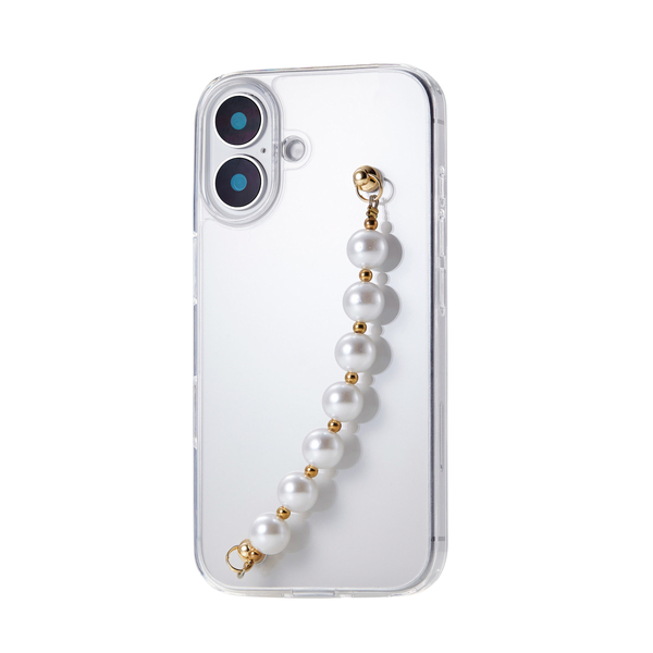 iPhone 16用ハイブリッドケース/ハンドバンド/&Me/ストラップシート付属/クリア×パールバンド