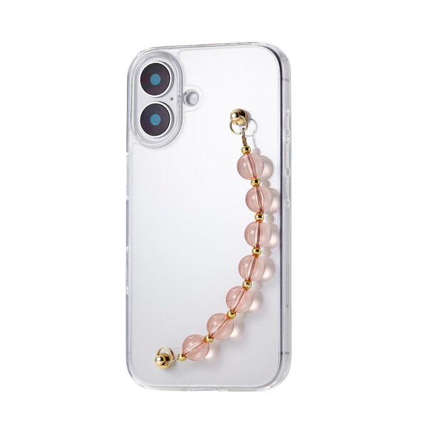 iPhone 16用ハイブリッドケース/ハンドバンド/&Me/ストラップシート付属/クリア×クリアピンクビーズ