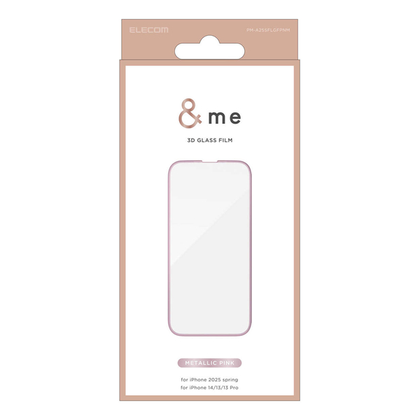 iPhone 16e/iPhone 14/iPhone 13/iPhone 13 Proガラスフィルム/フレーム付き/高透明/&Me/メタリックピンク