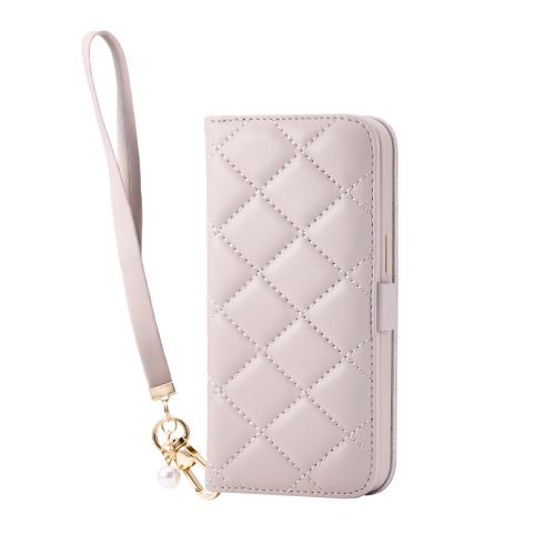 iPhone 16e/レザーケース/手帳型/キルティング/ハンドストラップ付き/&Me/グレージュ