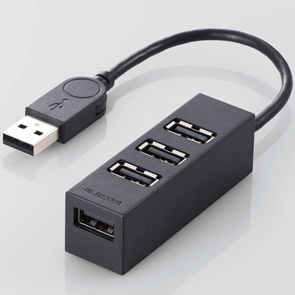 USB2.0ハブ/機能主義/バスパワー/4ポート/10cm/ブラック