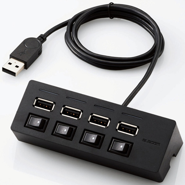 USB2.0ハブ/機能主義/個別スイッチ付/バスパワー/4ポート/100cm/ブラック
