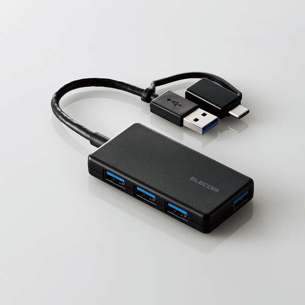 USB HUB/USB5Gbps/Type-C変換アダプタ付き/コンパクト/バスパワー/4ポート/ブラック