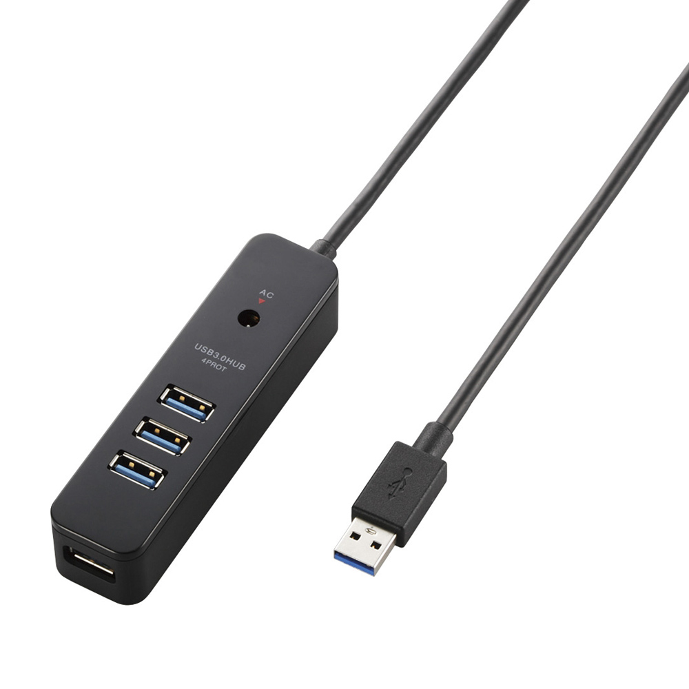 USB3.0ハブ/ケーブル直生え/セルフパワー/マグネット/4ポート/ブラック