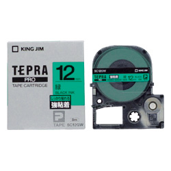 テプラPROテープカートリッジ 強粘着ラベル 緑テープ/黒文字 12mm