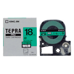 テプラPROテープカートリッジ 強粘着ラベル 緑テープ/黒文字 18mm