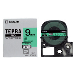 テプラPROテープカートリッジ 強粘着ラベル 緑テープ/黒文字 9mm