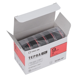 テプラPROテープカートリッジ エコパック（5個入り）カラーラベル 赤テープ/黒文字 9mm