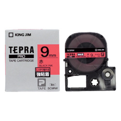 テプラPROテープカートリッジ 強粘着ラベル 赤テープ/黒文字 9mm
