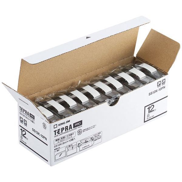 テプラPROテープカートリッジ エコパック（10個入り）白テープ/黒文字 12mm