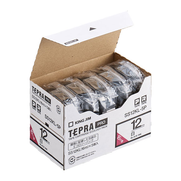 テプラPROテープカートリッジ エコパック（5個入り）ロングタイプ　白テープ/黒文字 12mm
