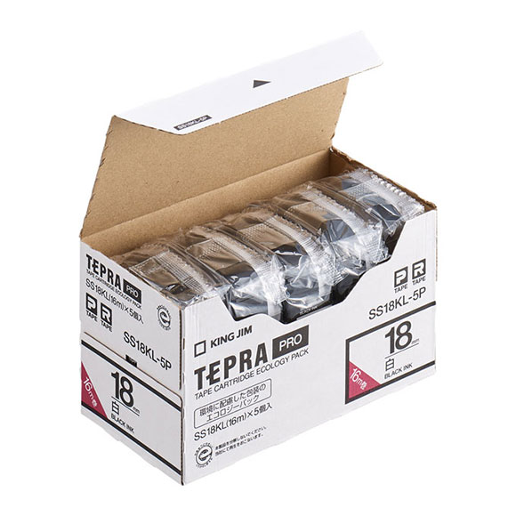 テプラPROテープカートリッジ エコパック（5個入り）ロングタイプ　白テープ/黒文字 18mm