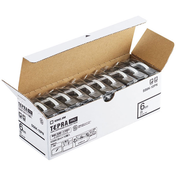 テプラPROテープカートリッジ エコパック（10個入り）白テープ/黒文字 6mm