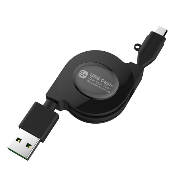 USB充電＆同期ケーブル リール 70cm Wリバーシブルmicro BK