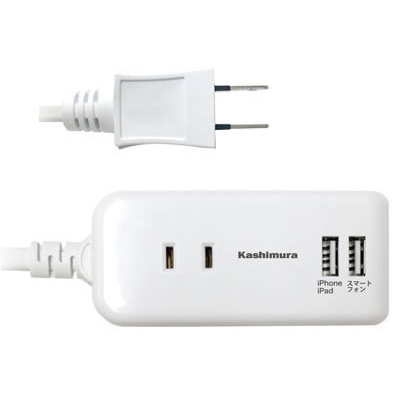 2口電源タップ Aタイプ 2USB 2.1A 1m 国内・海外兼用 (ホワイト)