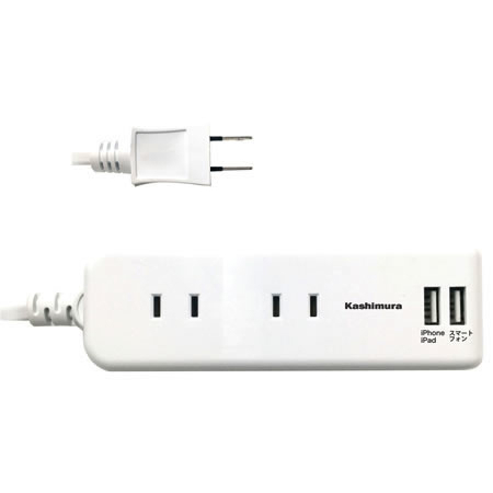 4口電源タップ Aタイプ 2USB 2.1A 1m 国内・海外兼用 (ホワイト)