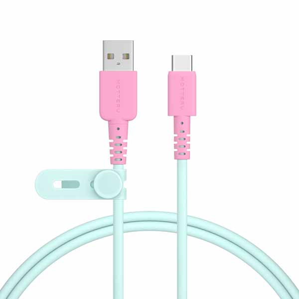 MOTTERU バイカラーケーブル USB-A to USB-C iPhone15以降 Android各種対応 しなやかで絡まない データ転送 1m 全3色 ケーブルバンド付属 2年保証 ミントフラミンゴ