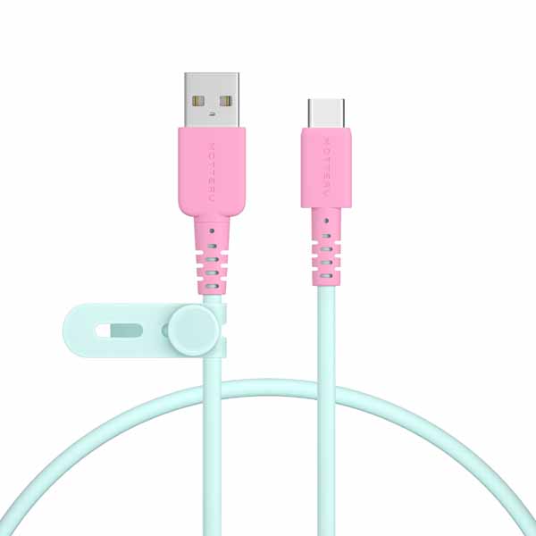 MOTTERU バイカラーケーブル USB-A to USB-C iPhone15以降 Android各種対応 しなやかで絡まない データ転送 0.5m 全3色 ケーブルバンド付属 2年保証 ミントフラミンゴ