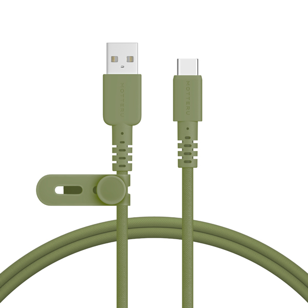 MOTTERU 編み込みシリコンケーブル 急速充電 データ転送対応 USB-A to USB-C 1m 2年保証（MOT-NLAC） カーキ