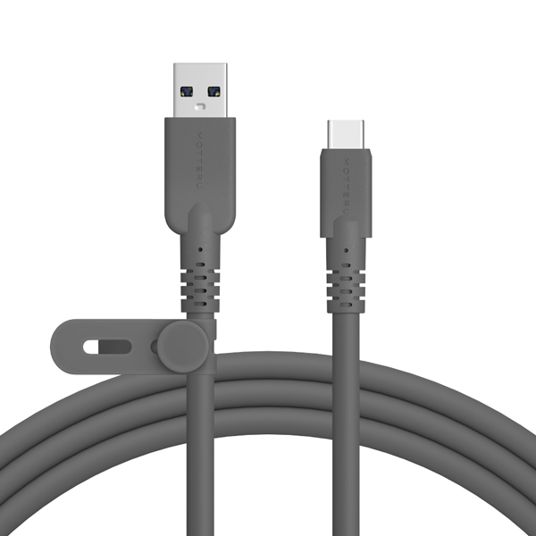 MOTTERU 5Gbpsシリコンケーブル USB-A to USB-C iPhone16 15 Android各種 しなやか 絡まない USB3.2 Gen1 高速データ転送 ケーブルバンド付 2m スモーキーブラック