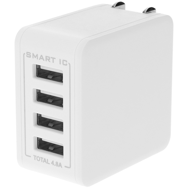 スマートIC搭載 急速充電2.4A出力対応USB Type-A 4ポートAC充電器 ホワイト 製品サイズ約50(W)×27.5(D)×48(H)mm