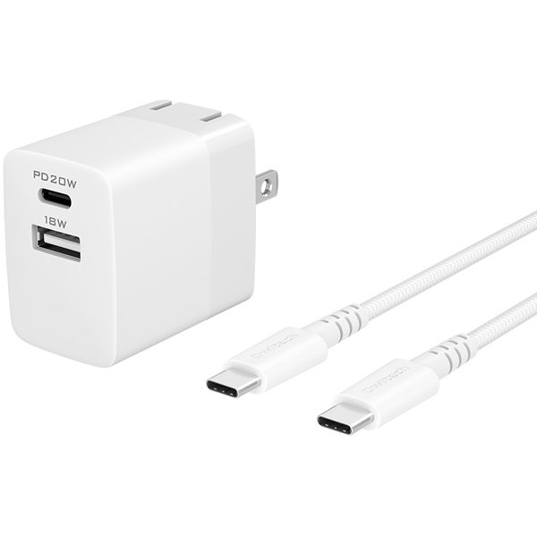 25万回以上の屈曲試験に耐えるUSB Type-Cケーブル同梱 超タフケーブル＆PD対応AC充電器のセット 1.2m ホワイト 製品サイズ約28(W)×43(D)×40(H)mm