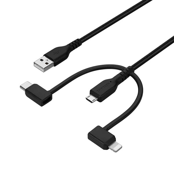 スマートフォン用USBケーブル/3in1/microUSB+Lightning+Type-C/MFi認証/超タフ/やわらか/断線に強い/1m/ブラック