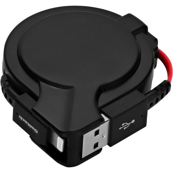 Lightningケーブル/USB Type-A to Lightning/MFi認証/巻き取り式/軽量/コンパクト/断線に強い/片側だけ引き出せる/0.75m/75cm/ブラックレッド