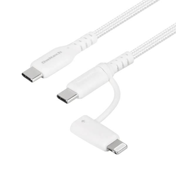 スマートフォン用USBケーブル/2in1/Lightning+Type-C/PD60W/MFi認証/超タフ/やわらか/断線に強い/1.5m/ホワイト