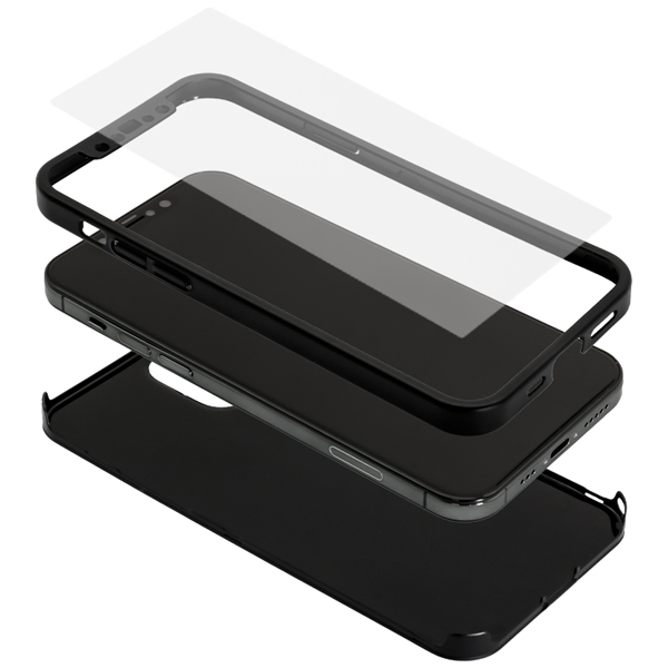 液晶画面保護マットガラス1枚付 iPhone 12/12 Pro専用 360度全面保護のフルカバーケース ブラック 製品サイズ約76(W)×11(D)×150(H)mm